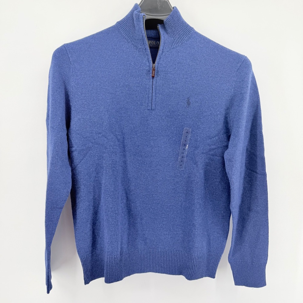 Polo Ralph Lauren Sweater Mens Medium Blue 1/4 Zip 100% Wool Mock Neck Pony Logo